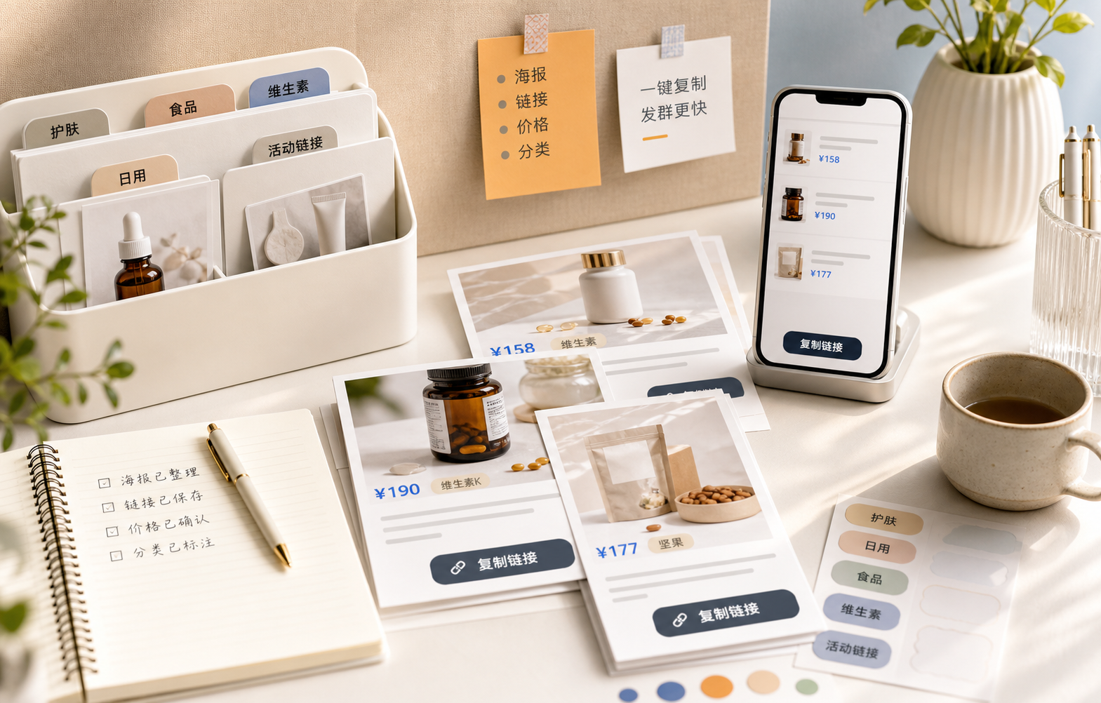 团购商品链接整理工作台，包含商品海报、分类标签、价格和手机端复制按钮